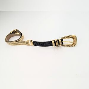 Elegant Women's Black Leather & Gold Metal Waist Belt